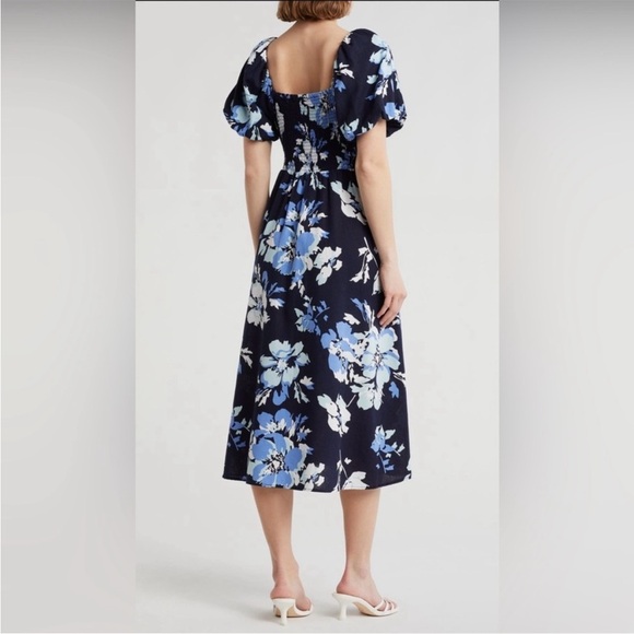 Ellen Tracy Floral Midi Dress with Side Slit and Puff Sleeve Blue Large Blue - Picture 8 of 13